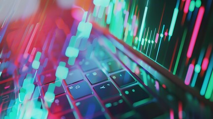 Double exposure of abstract creative financial chart on modern laptop background, research and strategy concept : Generative AI