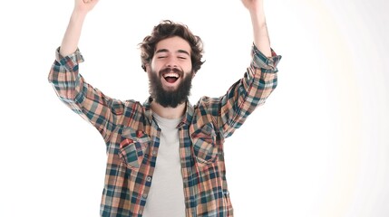 Smiling bearded young male model rejoices coming weekends dressed casually isolated over white background Positive pleased student being in good mood after successfully passed exams at : Generative AI - obrazy, fototapety, plakaty