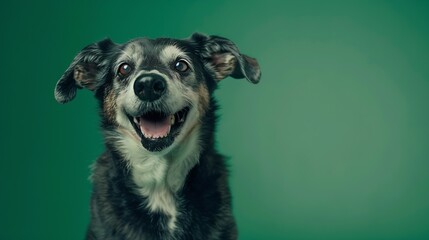 studio headshot portrait of brown white and black medium mixed breed dog smiling against a green background : Generative AI