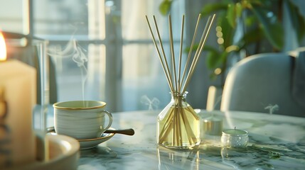 Bamboo sticks in bottle with scented candles and cup of tea on marble table closeup Home aroma Aromatherapy Apartment living : Generative AI