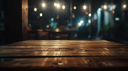 Empty wood table top and blur of cafe restaurant in dark night backgroundselective focus For montage product display : Generative AI