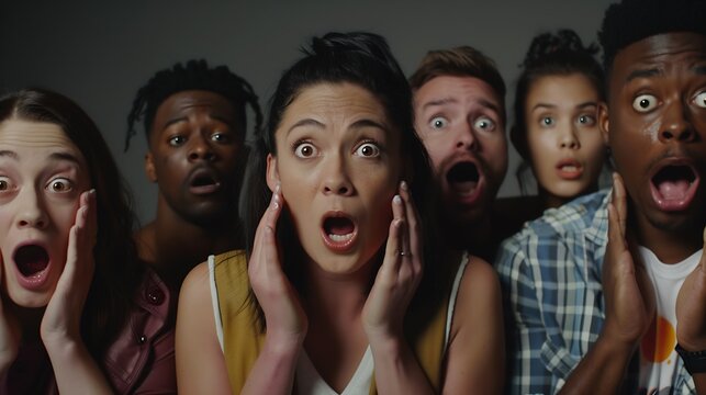 Horizontal shot of people from different races being emotional express various feelings and emotions stand in row Mixed race young women and men show surprisment happiness shock approv : Generative AI