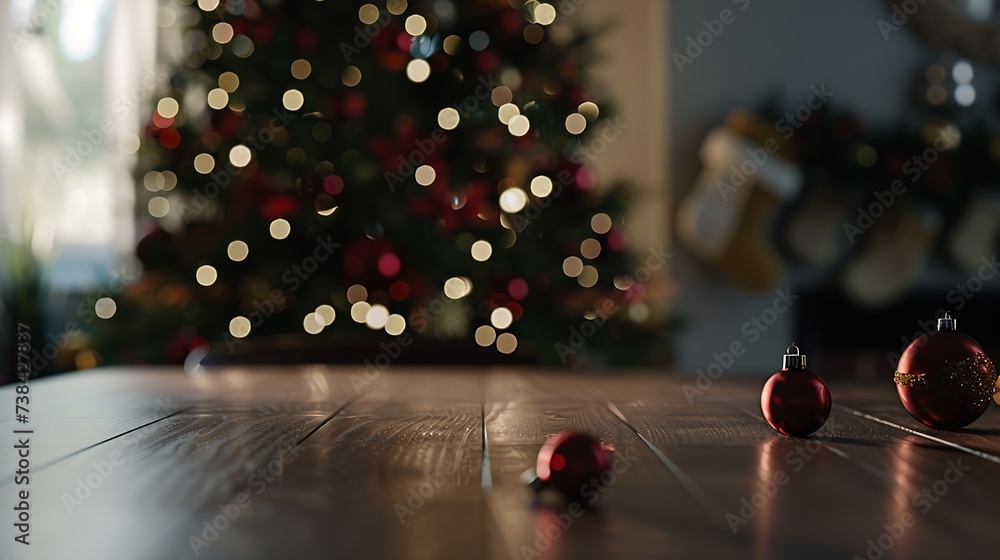 Aufkleber Empty table in front of christmas tree with decorations background For product display montage : Generative AI