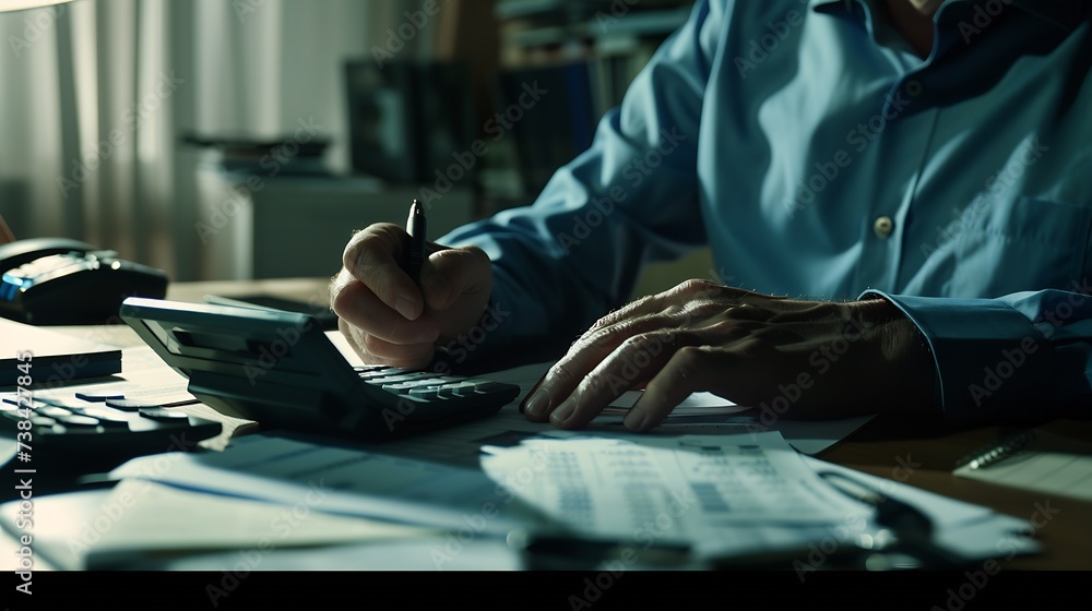 Poster businessman working on desk office with using a calculator to calculate the numbers, finance accounting concept : Generative AI
