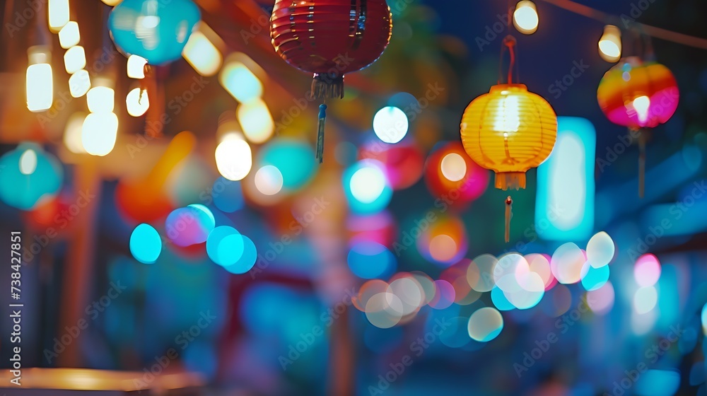 Aufkleber abstract blur image of cafe or restaurant in night time with bokeh for background usage vintage tone