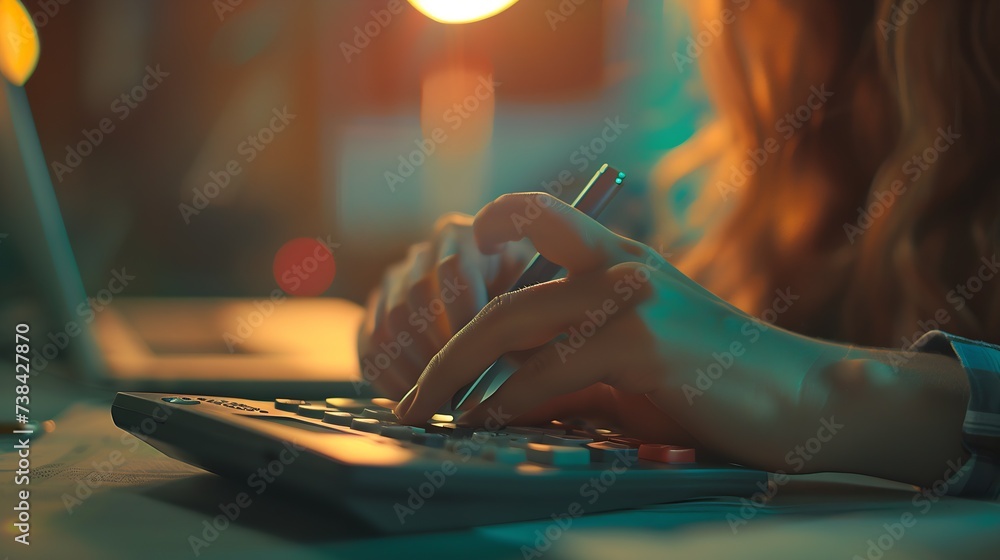 Poster woman accountant use calculator and computer with holding pen on : generative ai