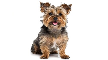 Scruffy adult blue gold Yorkshire terrier dog, sitting up facing front Looking towards camera and smiling. Isolated on a white background. : Generative AI