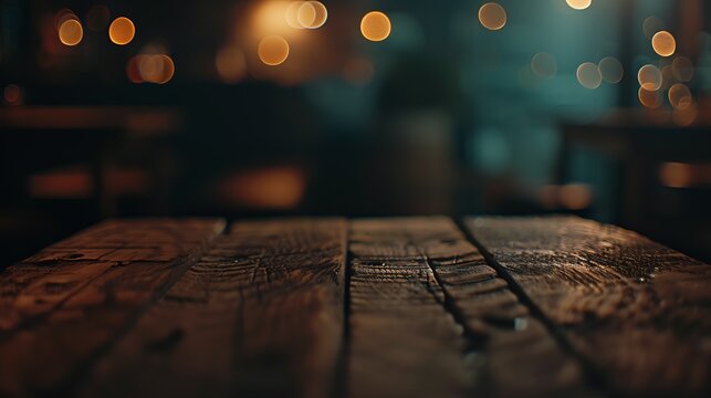 Empty wood table top on blur light bokeh in dark night cafe restaurant background Lifestyle and celebration concept : Generative AI