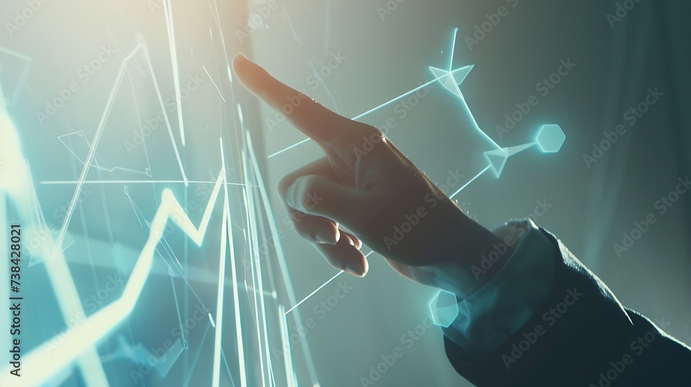 Poster businessman pointing arrow graph growth and financial network connection, analysing data to increase