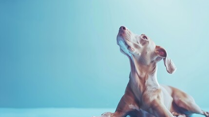 Beautiful hungarian vizsla dog full body studio portrait. Dog lying down and looking up over pastel blue background. Family dog banner. : Generative AI