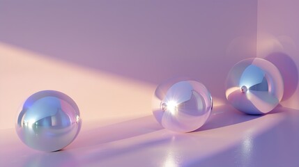 Astract backdrop with glass spheres on pastel color background with sun reflections monochrome : Generative AI