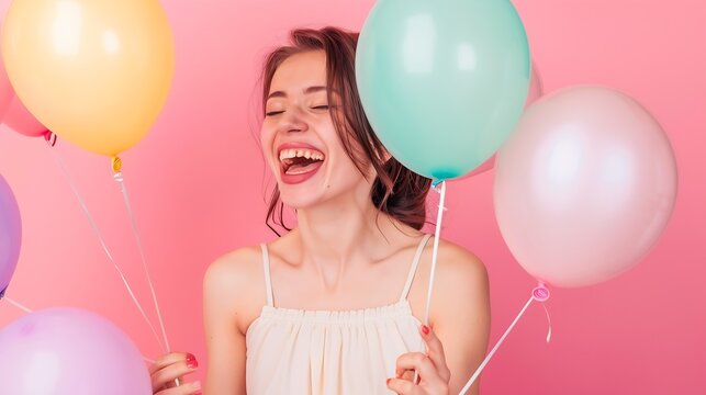 Beauty girl with colorful air balloons laughing over pink background Beautiful Happy Young woman on birthday holiday party Joyful model having fun playing and celebrating with pastel c : Generative AI