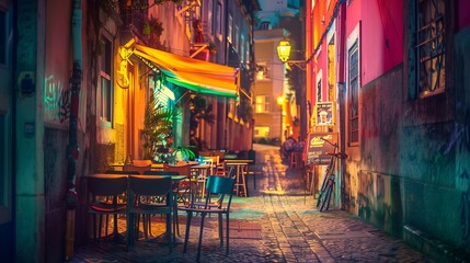 Night view of the narrow streets of Lisbon with cafe outdoors Portugal : Generative AI