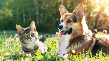 cute fluffy friends a corgi dog and a tabby cat sit together in a sunny spring meadow : Generative AI