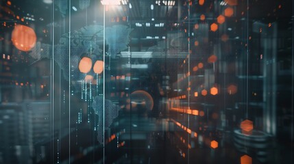 Double exposure of abstract financial graph with world map on office buildings background, forex and investment concept : Generative AI