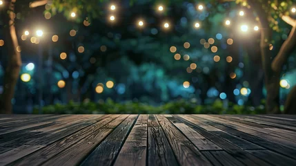 Papier Peint photo Jardin empty brown wooden floor or wooden terrace with abstract night light bokeh of night festival in garden blurred background copy space for display of product or object presentation vinta : Generative AI
