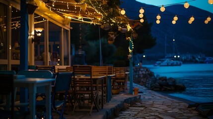 Beautiful cafe on sea coast at night in summer Landscape with chairs and tables lamps lights water blue sky at dusk Empty cozy cafe outdoor with illumination in Oludeniz Turkey Travel : Generative AI