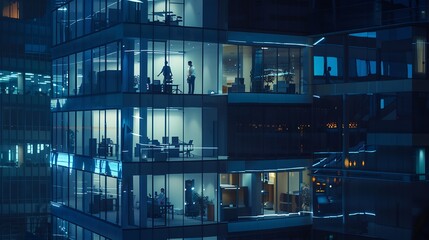 Fototapeta na wymiar multistorey office building at night with worker working overtime late night at office lighting and working people within Late night overtime in a modern office building : Generative AI