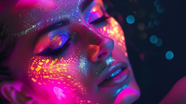 Disco dancer in neon light Fashion model woman in neon light portrait of beautiful model girl with fluorescent makeup Body Art design in UV painted face colorful make up over black bac : Generative AI