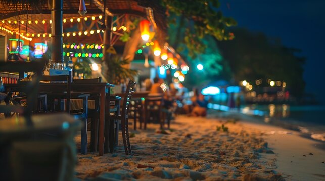 Blurred of restaurant view on night beach : Generative AI