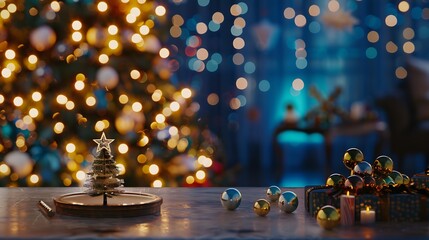 Empty table in front of christmas tree with decorations background For product display montage : Generative AI