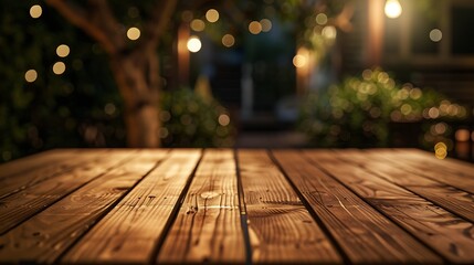 empty brown wooden floor or wooden terrace with abstract night light bokeh of night festival in garden blurred background copy space for display of product or object presentation vinta : Generative AI