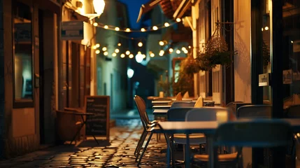 Poster Old european town street cafe at night : Generative AI © Generative AI