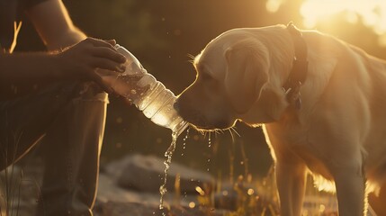 Dog drinking water from plastic bottle. Pet owner takes care of his labrador retriever during hot sunny day. : Generative AI - obrazy, fototapety, plakaty