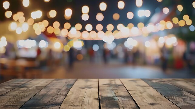 Empty wooden table and blurred background at night market festival people walking on road with copy space display montage for product : Generative AI
