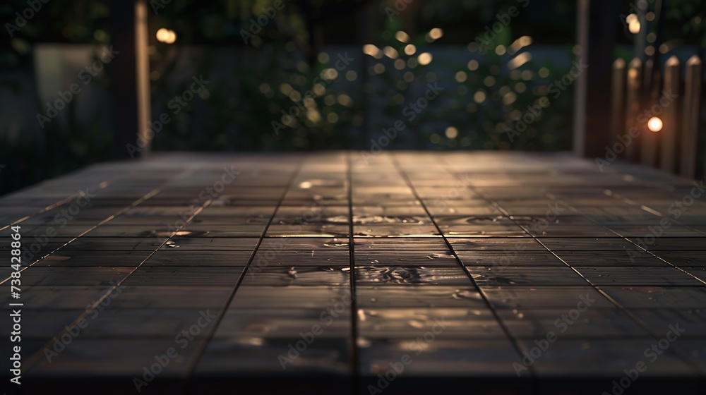 Poster empty brown wooden floor or wooden terrace with abstract night light bokeh of night festival in gard