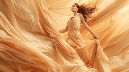 Fashion model in beautiful luxury beige flowing chiffon dress Woman in long flying evening dress with a gown Stunning fantasy model Silk fabric waving on wind Satin Cloth Flowing Waves : Generative AI
