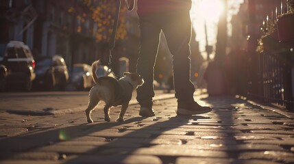 Dog walker strides with his pet on leash while walking at street pavement : Generative AI