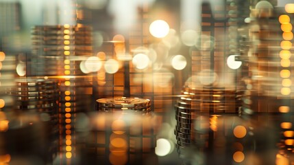 Double exposure of city and rows of coins for finance and banking concept : Generative AI - obrazy, fototapety, plakaty