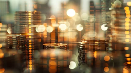 Foto op Plexiglas Double exposure of city and rows of coins for finance and banking concept : Generative AI © Generative AI