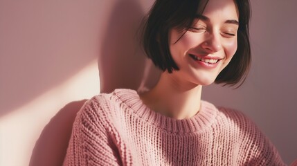 Love yourself concept Photo of lovely smiling woman embraces herself has high self esteem closes eyes from enjoyment likes her new comfortable soft pink sweater tilts head stands indoo : Generative AI