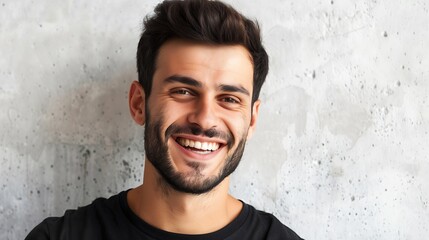 Headshot of satisfied cheerful handsome man grins at camera glad to find suitable well paid job isolated over white concrete background People positive emotions and facial expressions  : Generative AI - obrazy, fototapety, plakaty