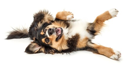 Funny studio portrait of the smilling puppy dog Australian Shepherd lying on the white background, giving a paw and begging : Generative AI