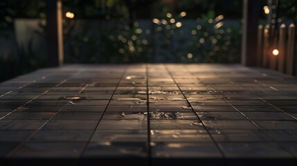 empty brown wooden floor or wooden terrace with abstract night light bokeh of night festival in...