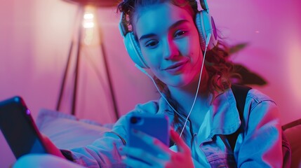 Fototapeta premium Studio shot of glad female student has coffee break after lectures listens audio book in headphones enjoys record from website uses mobile phone for chatting online has rucksack on bac : Generative AI