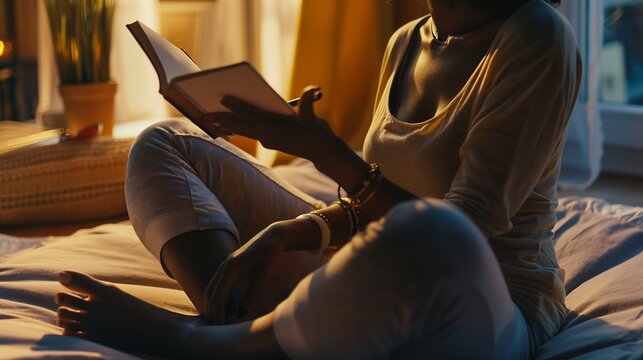 Cropped shot of dark skinned woman sits crossed legs wears pyjamas makes notes in diary focused aside blank copy space against domestic interior Blogger creats publication for blog in  : Generative AI