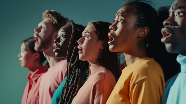 Horizontal shot of people from different races being emotional express various feelings and emotions stand in row Mixed race young women and men show surprisment happiness shock approv : Generative AI