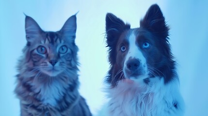 tabby cat and border collie dog in front of a blue gradient background : Generative AI