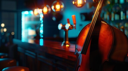 Modern jazz bar interior design stage with cello lamps above bar counter : Generative AI