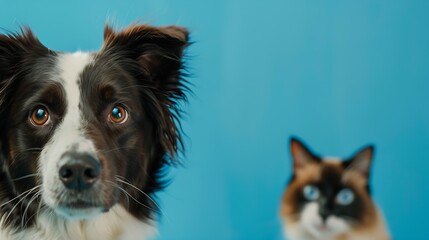 border collie dog portrait with a hiding cat behind in front of a blue background : Generative AI