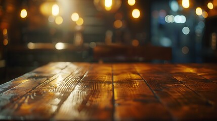 Real wood table with light reflection on scene at restaurant pub or bar at night Blurred background for product display or montage your products with several concept idea and any occas : Generative AI - obrazy, fototapety, plakaty