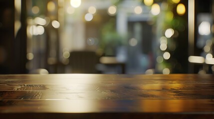 empty table to showcase your product against the background of a blurred cafe golden bokeh : Generative AI