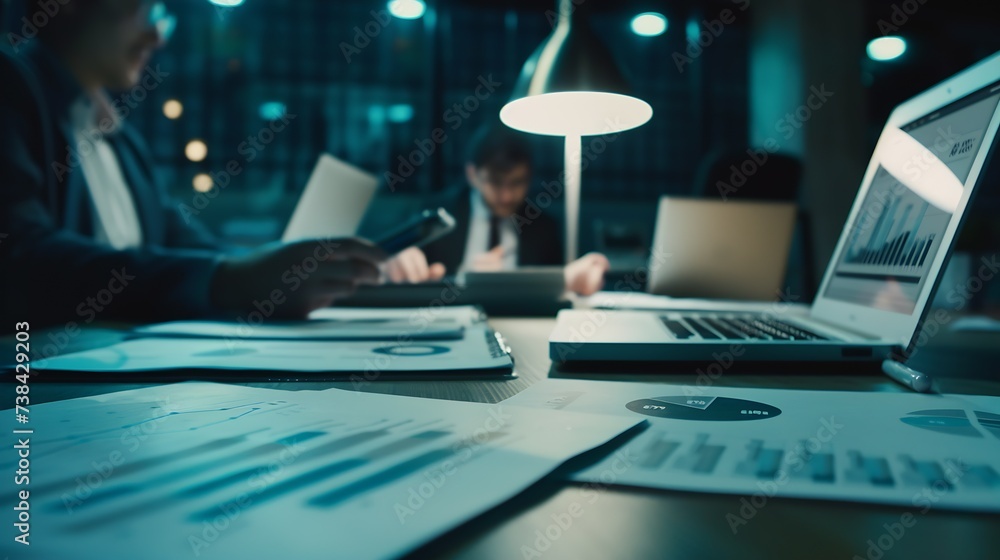 Poster business documents on office table with smart phone and digital tablet and graph financial with social network diagram and man working in the background : Generative AI