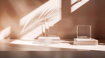 Pedestal cosmetic shadow display glass podium acrylic block platform for product presentation transparent geometric stand for cosmetics mockup scene with sunlight and shadow abstract b : Generative AI
