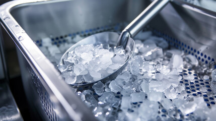 A small shovel or scooper resting on top of the ice maker used to easily remove ice from the bucket. - obrazy, fototapety, plakaty