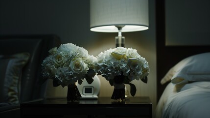 Bouquets of white seasonal flowers on night table : Generative AI